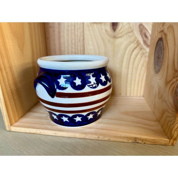 EUC Boleslawiec Polish Pottery Stars & Stripes Red Wht Blu Covered Sugar Bowl 5" - Picture 5 of 7